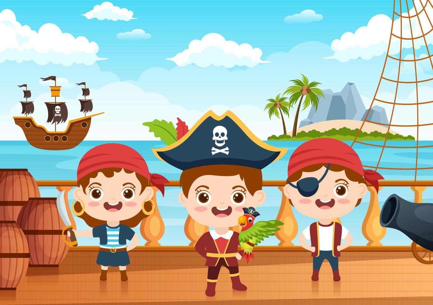 Cute Pirate Cartoon Character Illustration with Wooden Wheel, Chest, Vintage Caribbean, Pirates and Jolly Roger on Ship on Sea or Island vector