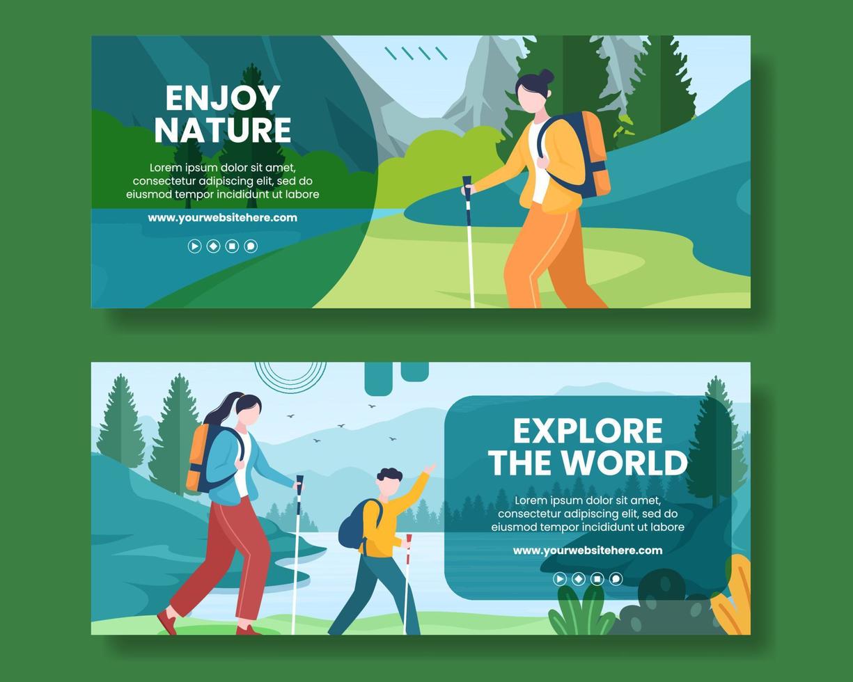 Hiking Mountain Horizontal Banner Template Flat Cartoon Background Vector Illustration