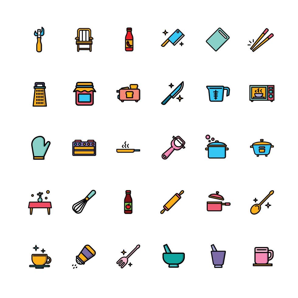 Outline color icons about kitchen and dining. Contains such icons as chopper, knife, mixer, mortar, saucepan, peeler. Vector illustration.