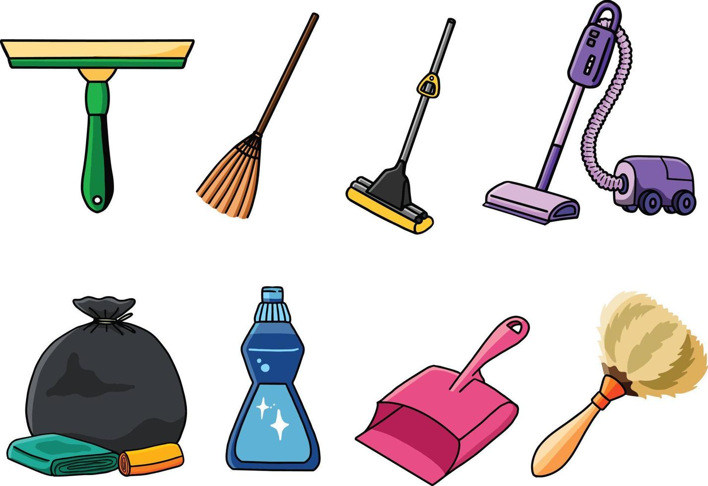 Cleaning supply. Householding cleaning tools. Housekeeping tool. Hand drawn vector illustration