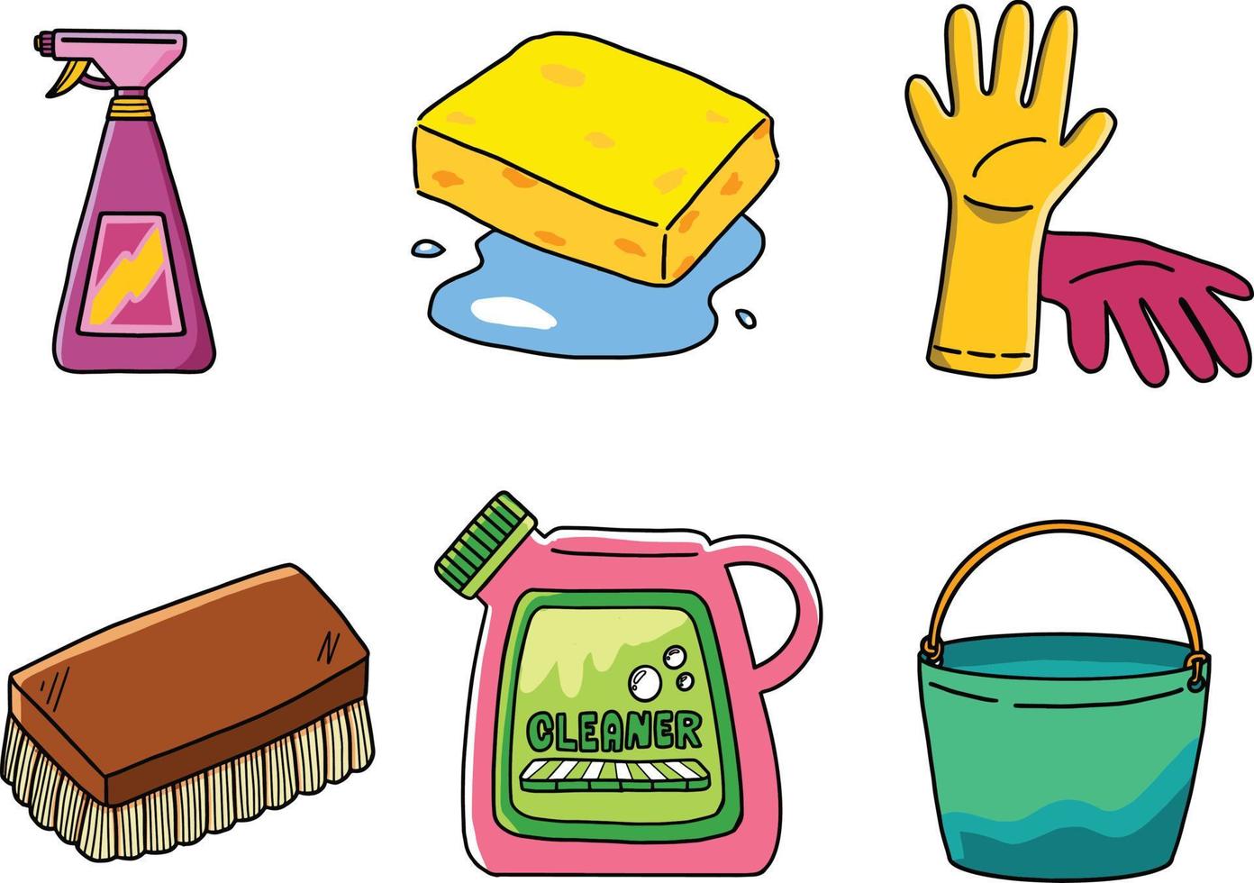 suministro de limpieza. herramientas de limpieza para el hogar. herramienta de limpieza. ilustración vectorial dibujada a mano vector