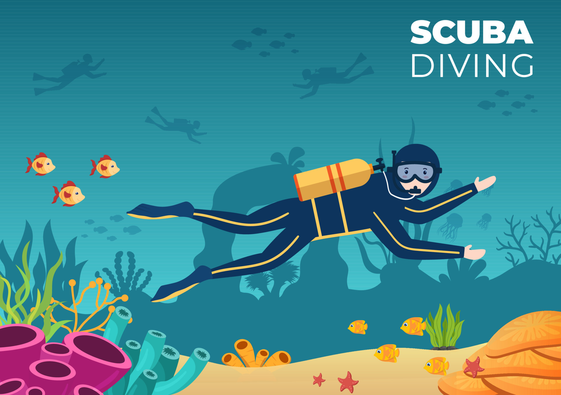 Scuba Diving with Underwater Swimming Equipment for Exploring Coral