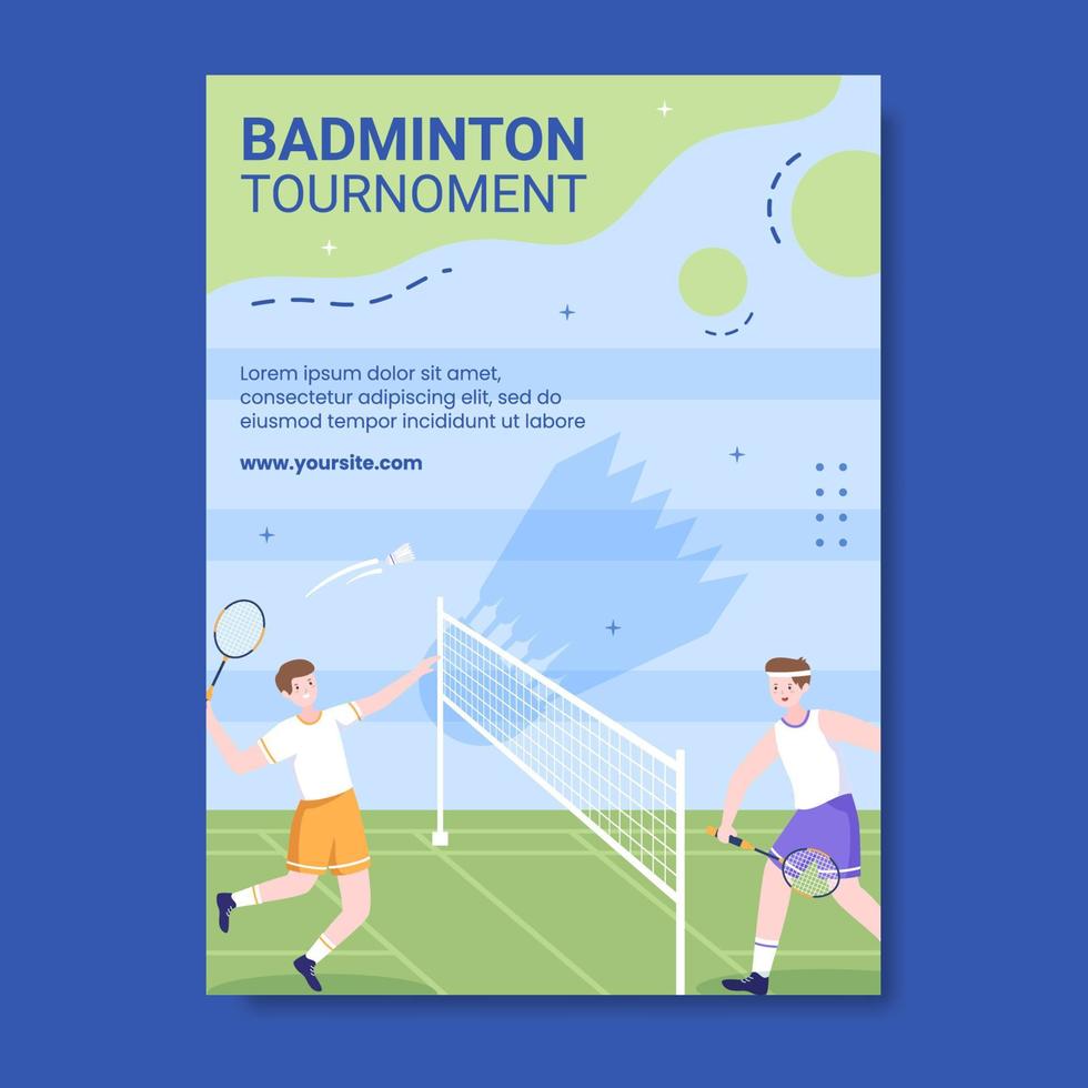 Ilustración de vector de fondo de dibujos animados de plantilla de póster de redes sociales de competencia deportiva de bádminton