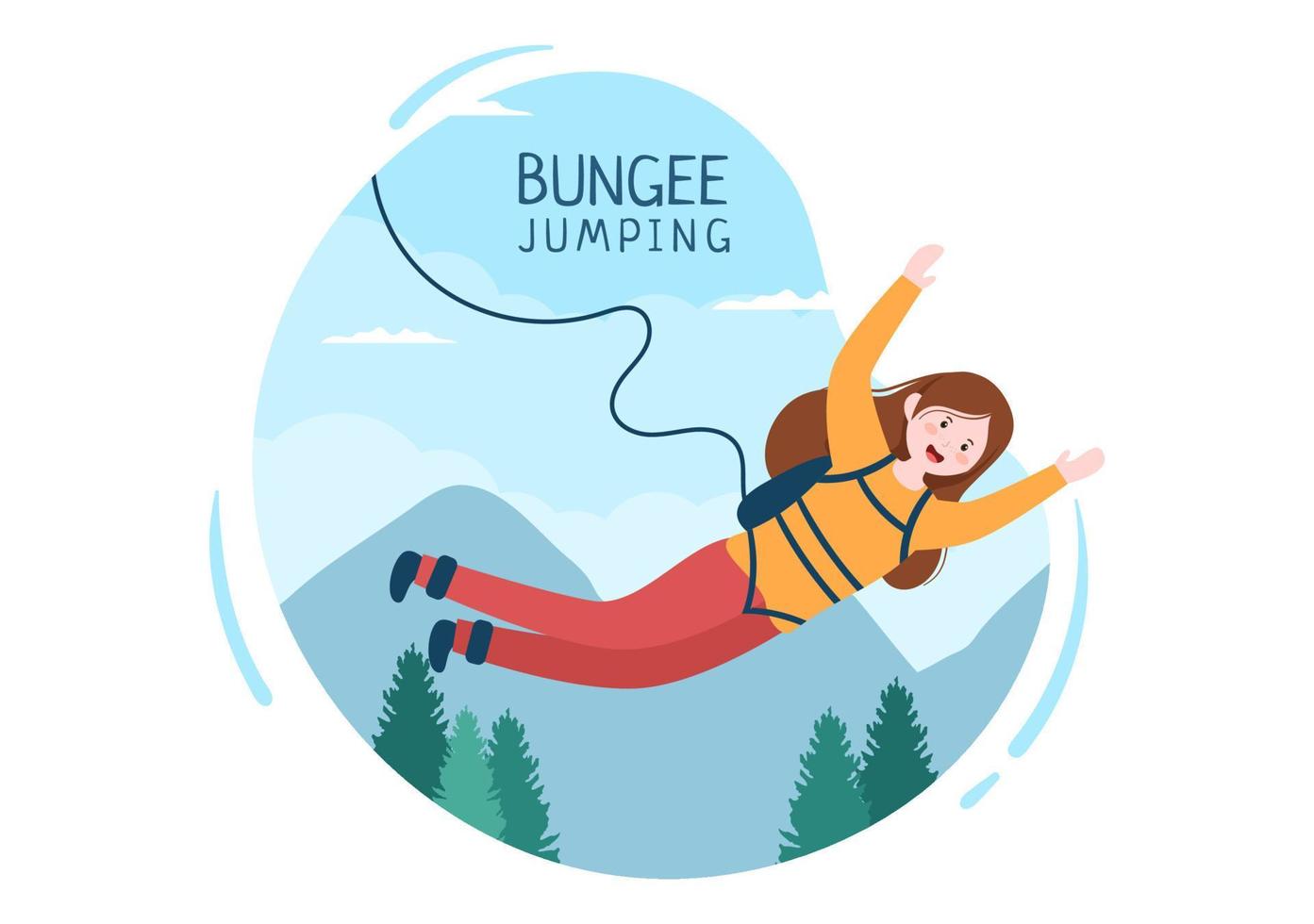 Bungee Jumping of People Tied with Elastic Rope Falling Down After Jump From a Height in Flat Cartoon Extreme Sport Vector Illustration