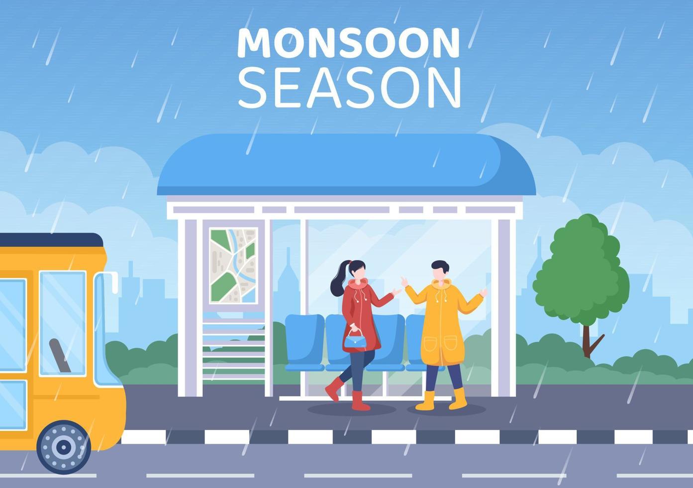 ilustración de vector de fondo de contracción de dibujos animados planos de plantilla de redes sociales de temporada de monzón
