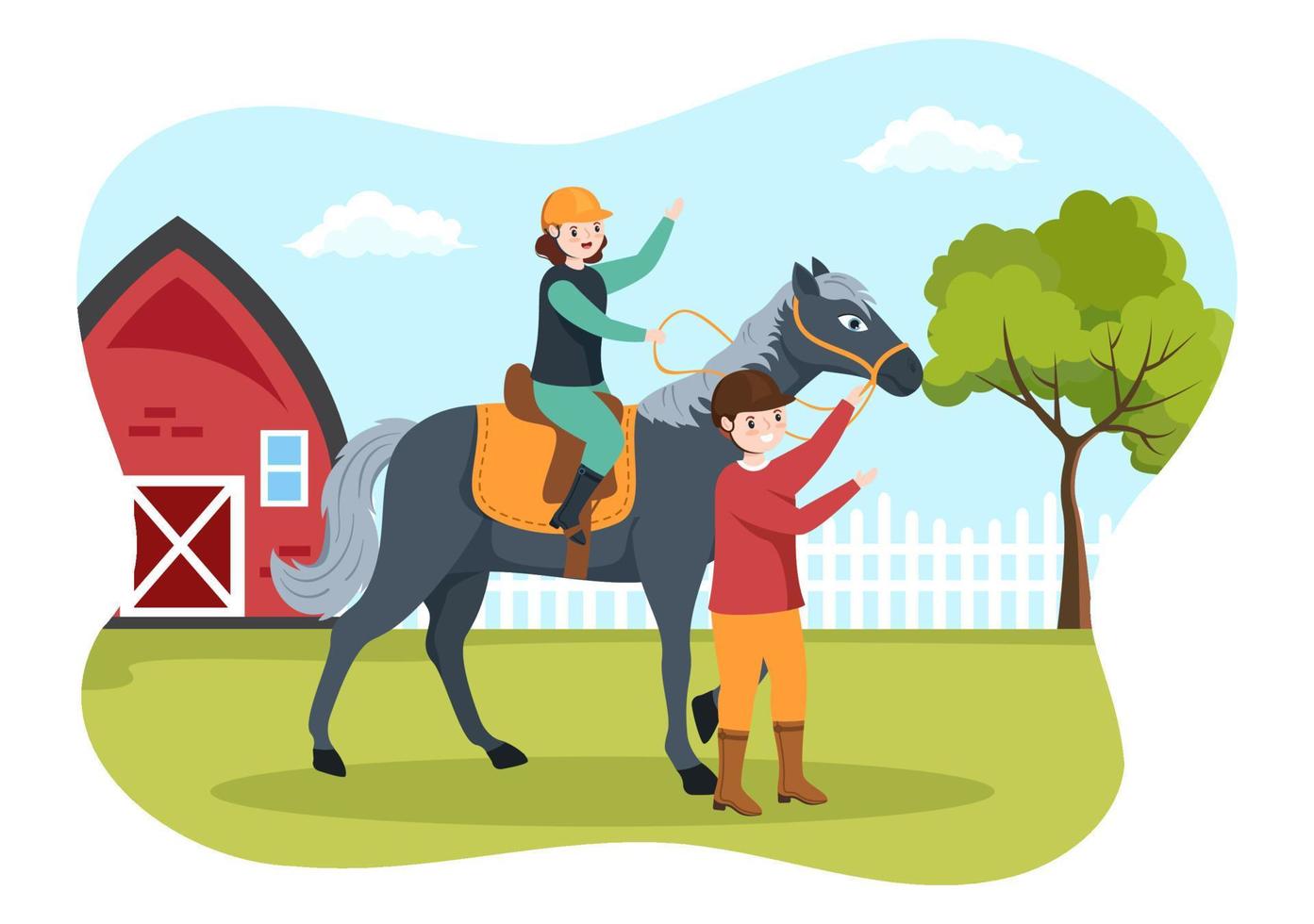 ilustración de dibujos animados de equitación con un personaje de gente linda practicando paseos a caballo o deportes ecuestres en el campo verde vector