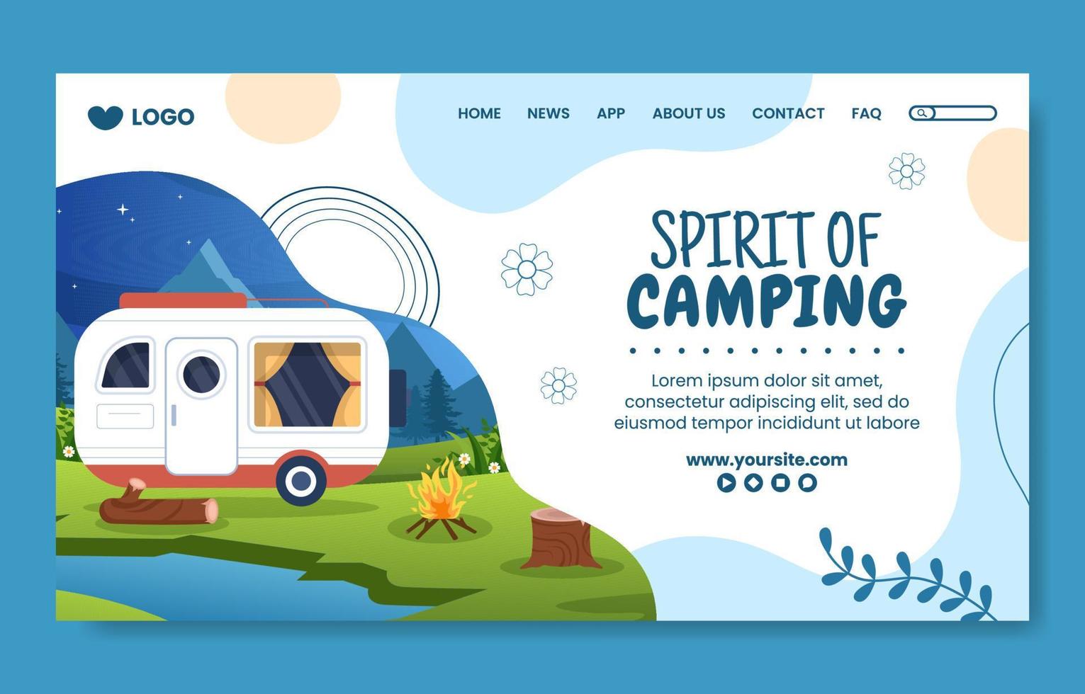 Summer Camping Social Media Landing Page Template Flat Cartoon Background Vector Illustration