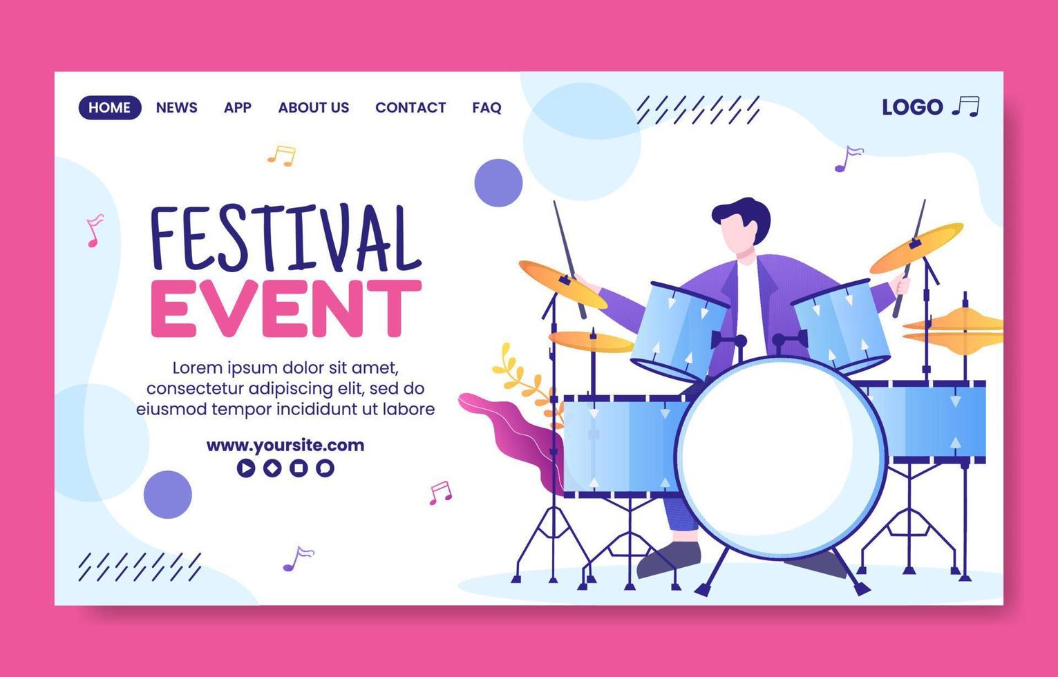 Music Festival Social Media Landing Page Template Flat Cartoon Background Vector Illustration