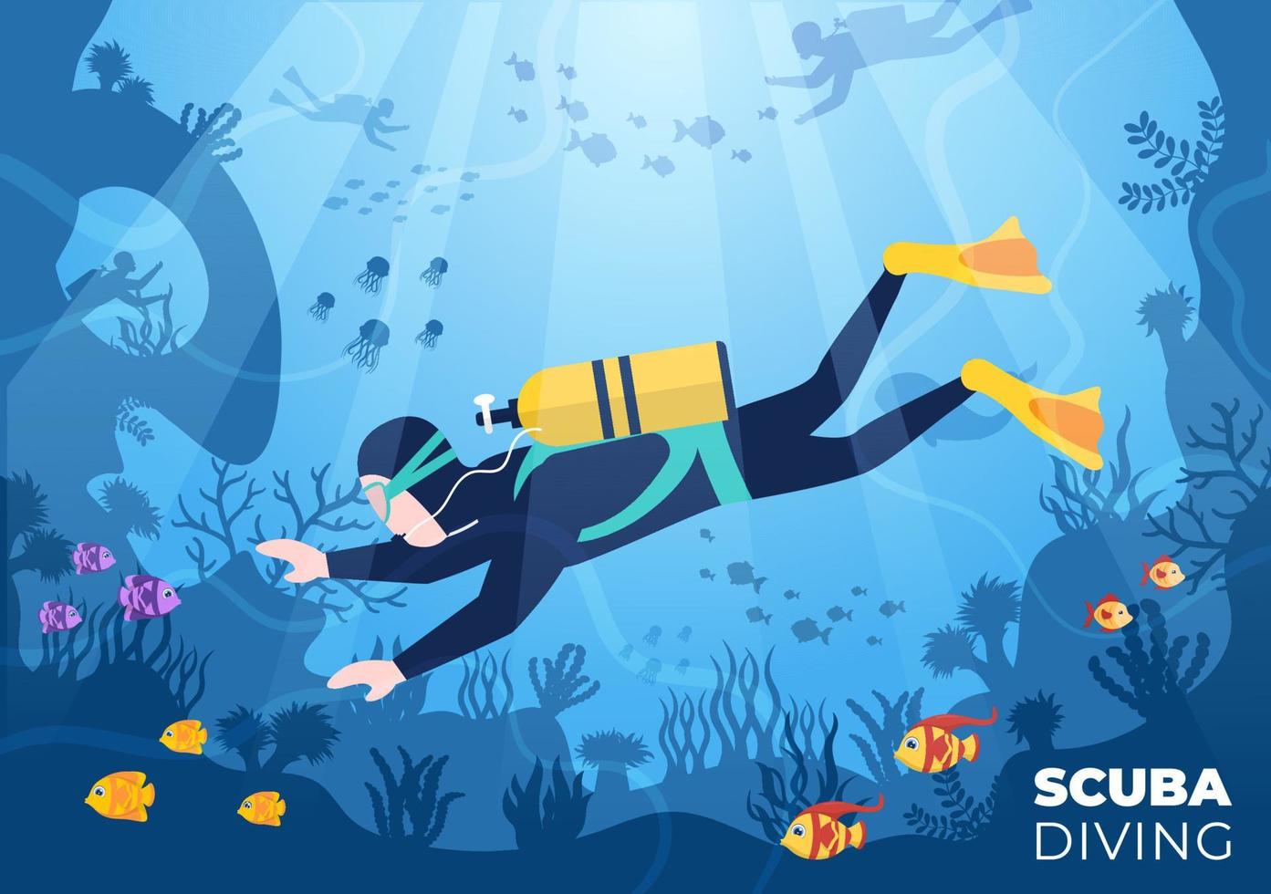 Scuba Diving with Underwater Swimming Equipment for Exploring Coral Reef, Sea Flora and Fauna or Fish in the Ocean in Flat Cartoon Vector Illustration