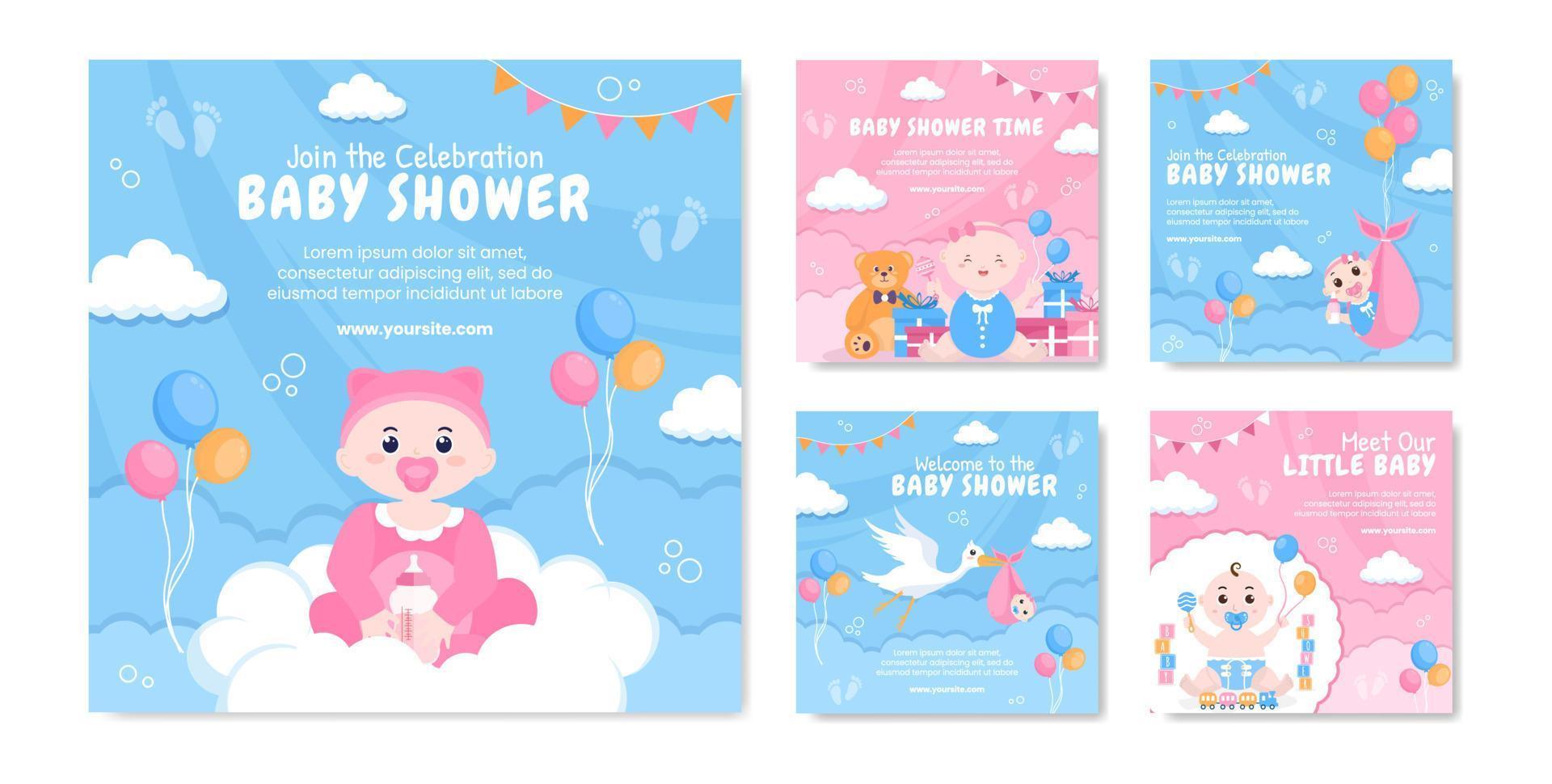 Baby Shower Little Boy or Girl Social Media Post Template Flat Cartoon Background Vector Illustration