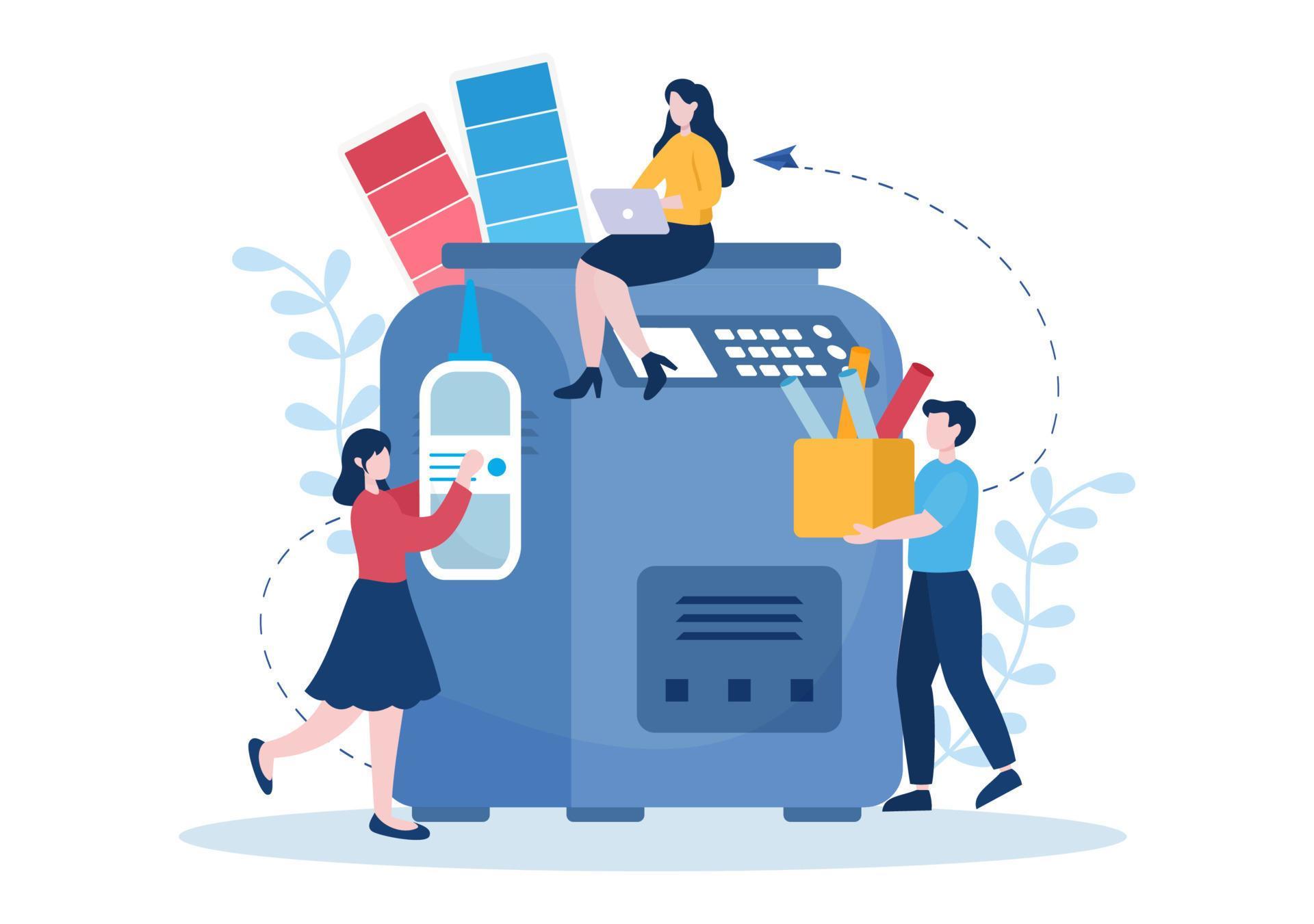 Print Shop Illustration with Production Process at Printing House and