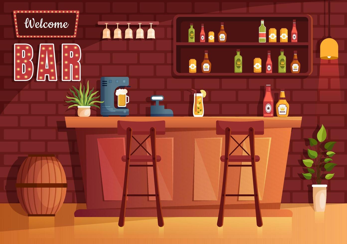 bar o pub por la noche con botellas de bebidas alcohólicas, barman, mesa, interior y sillas en una habitación interior con ilustraciones planas de dibujos animados vector