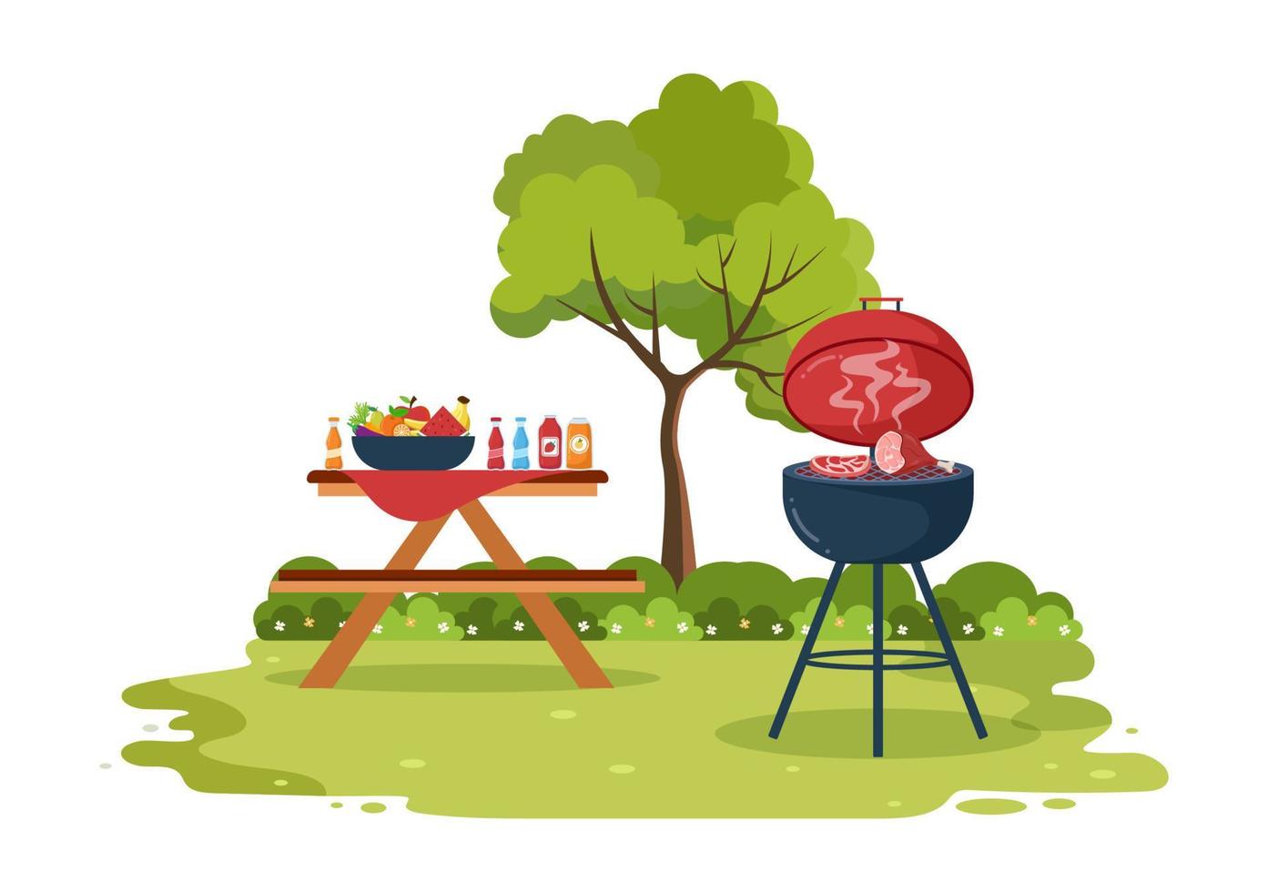 barbacoa o barbacoa con bistecs a la parrilla, tostadora, platos, salchichas, pollo y verduras en una ilustración de dibujos animados de fondo plano vector