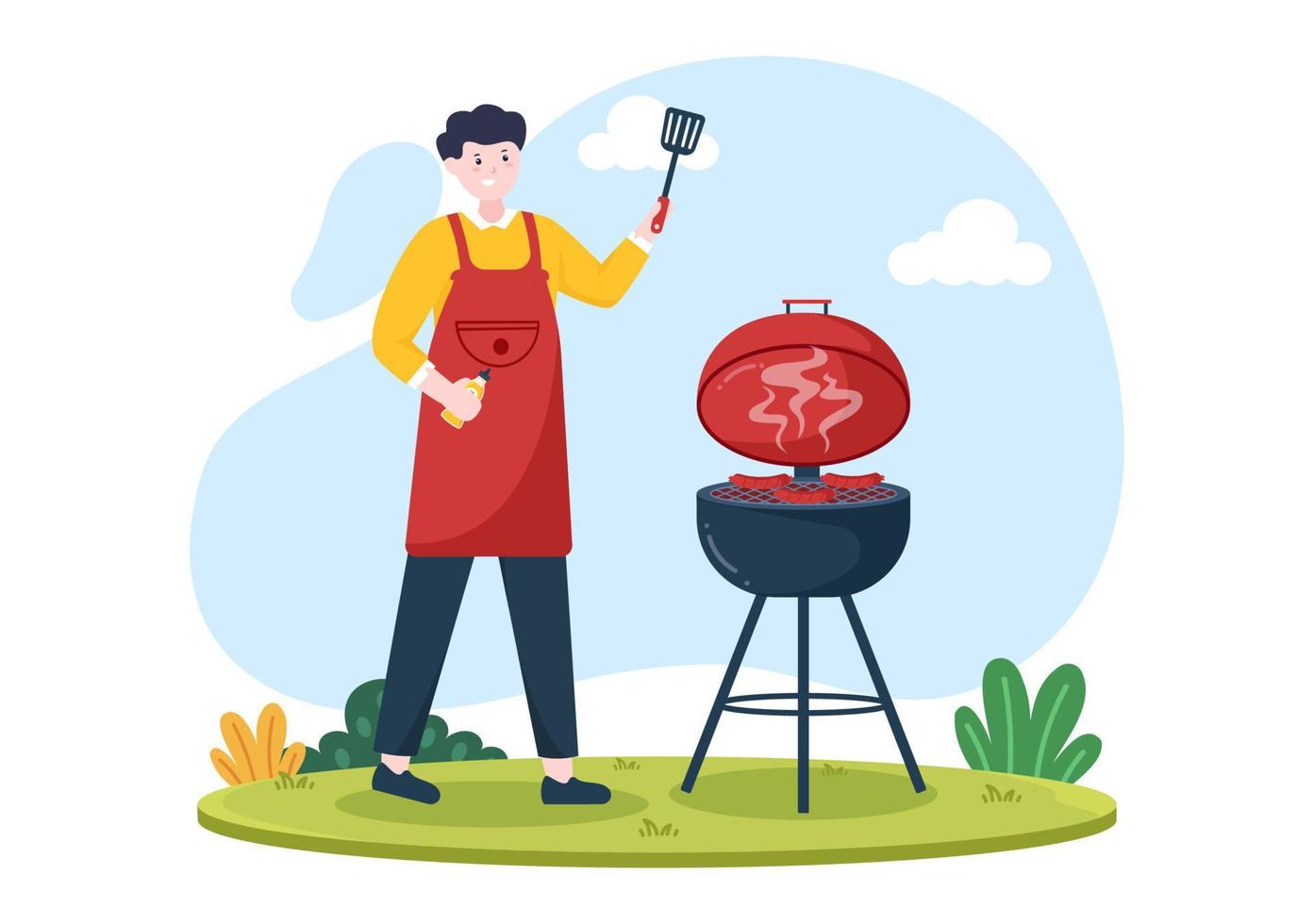 BBQ or Barbecue with Steaks on Grill, Plates, Sausage, Chicken, Vegetables and People on Picnic or Party in the Park in Flat Cartoon Illustration vector