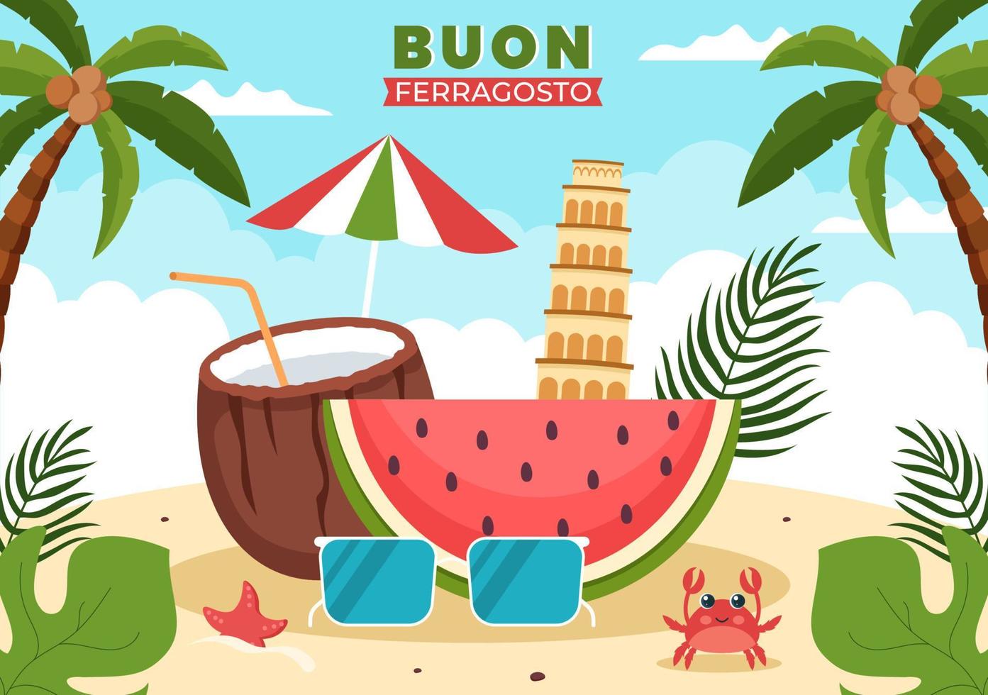 Buon Ferragosto Italian Summer Festival in  Beach Cartoon Illustration on Public Holiday Celebrated on 15 August in Flat Style Design vector