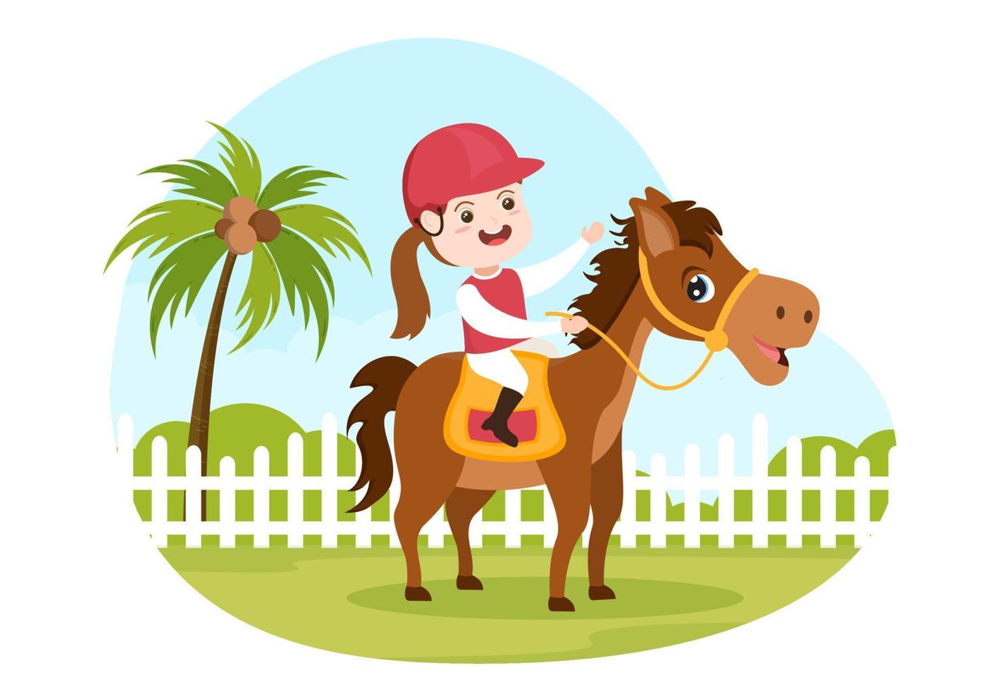 ilustración de dibujos animados de equitación con un personaje de gente linda practicando paseos a caballo o deportes ecuestres en el campo verde vector