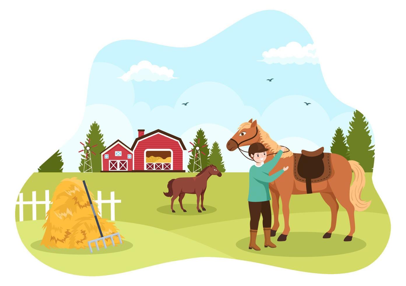 ilustración de dibujos animados de equitación con un personaje de gente linda practicando paseos a caballo o deportes ecuestres en el campo verde vector