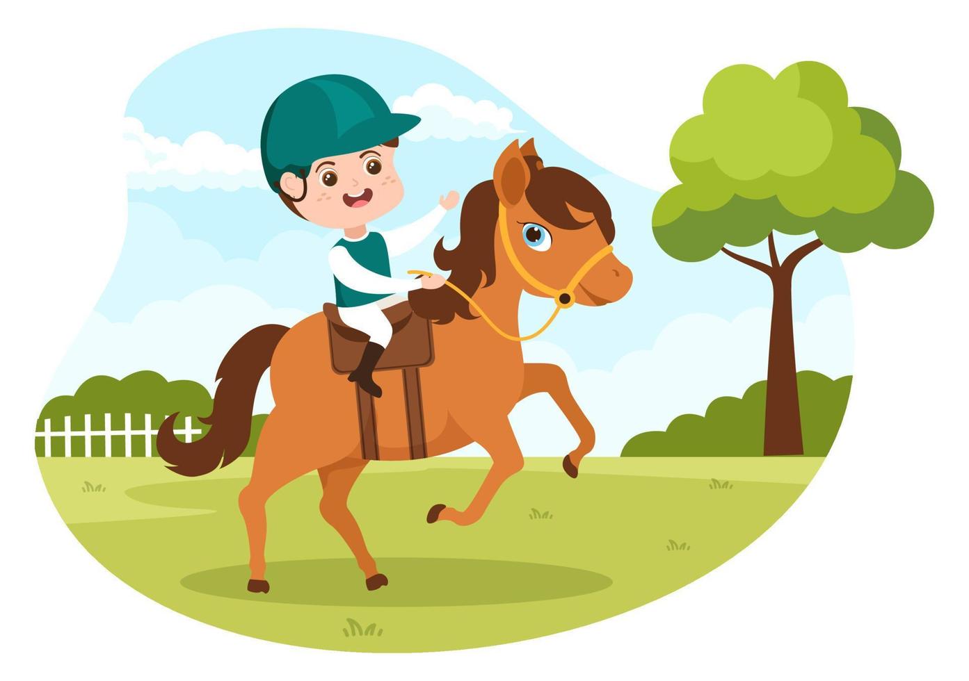 ilustración de dibujos animados de equitación con un personaje de gente linda practicando paseos a caballo o deportes ecuestres en el campo verde vector