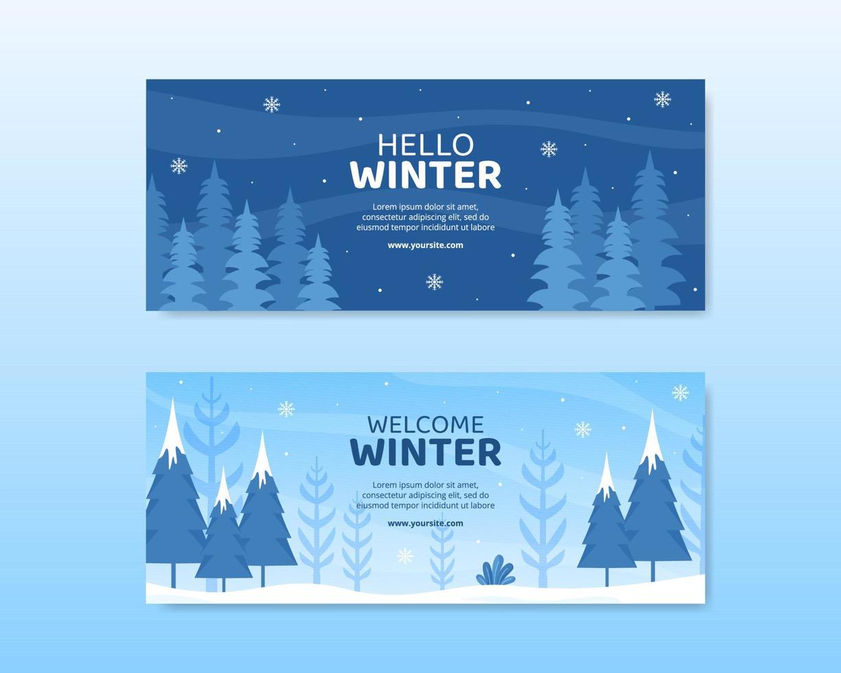 Hello Winter Social Media Horizontal Banner Template Flat Cartoon Background Vector Illustration