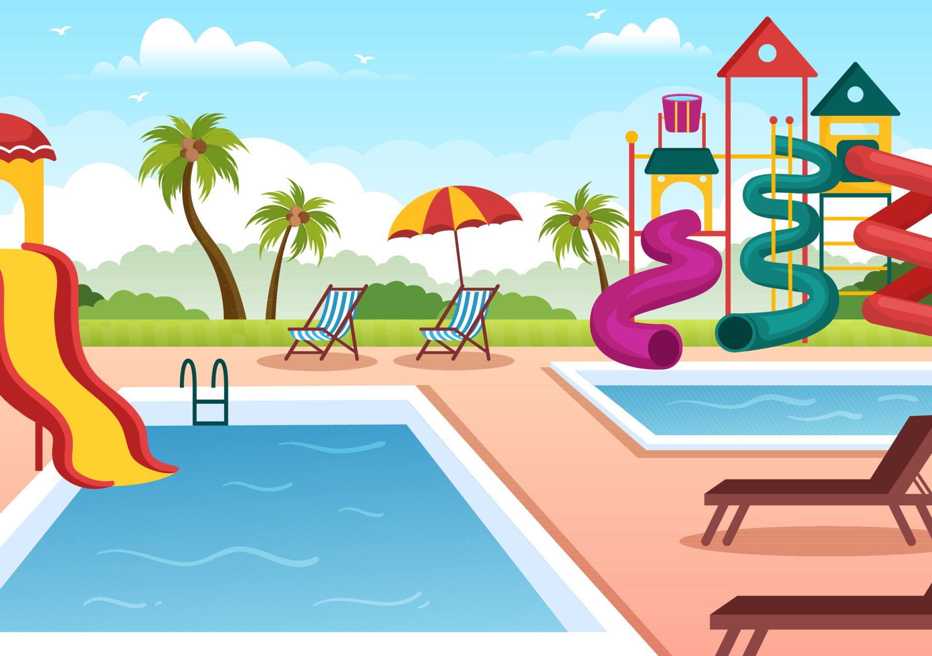 Water Park with Swimming Pool, Amusement, Slide, Palm Trees for Recreation  and Outdoor Playground in Flat Cartoon Illustration 9249083 Vector Art at  Vecteezy