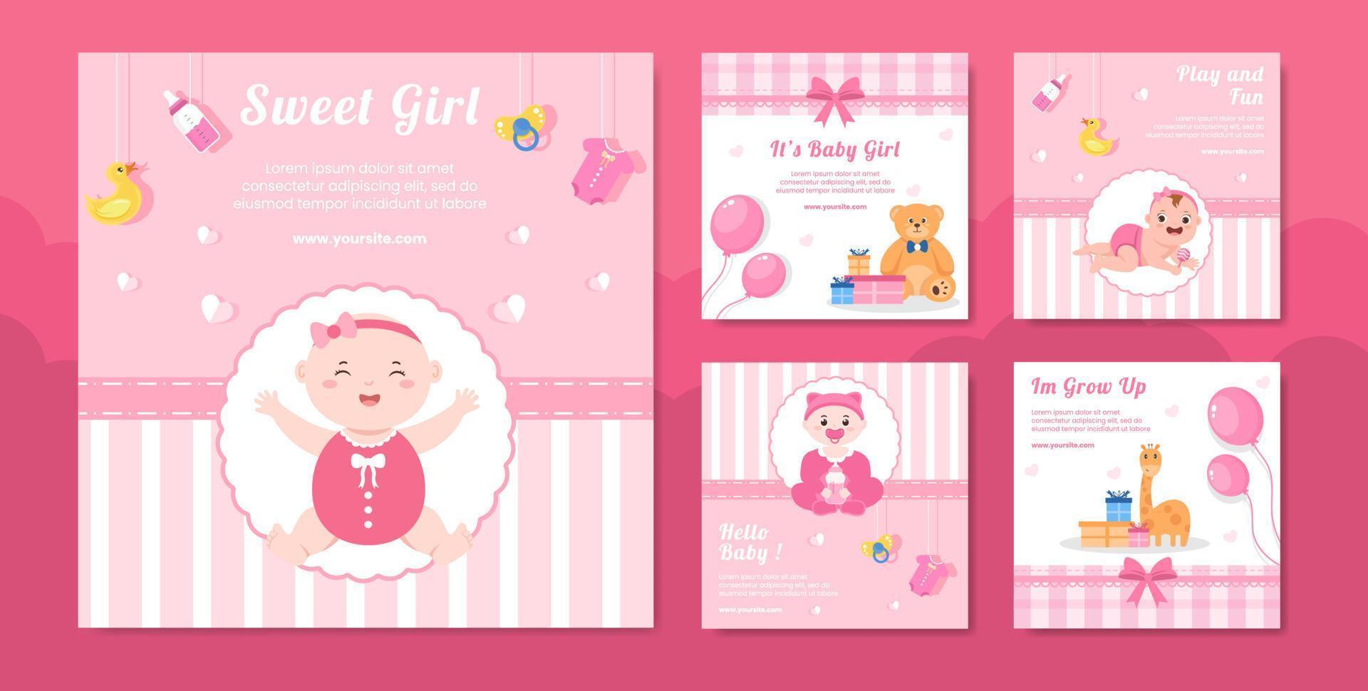 Baby Shower Little Girl Social Media Post Template Flat Cartoon Background Vector Illustration