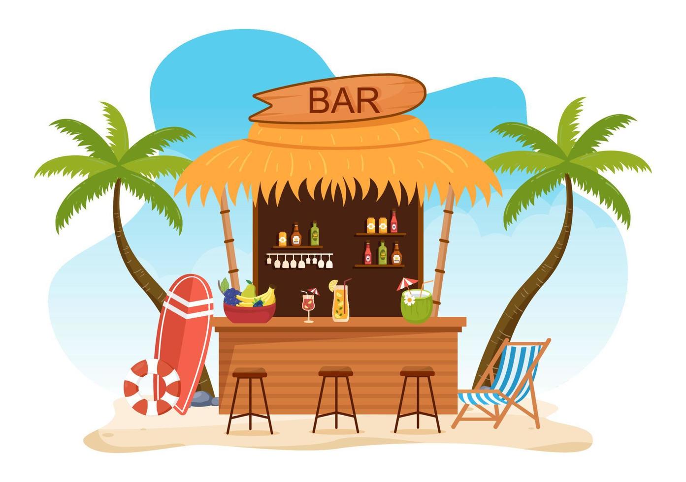 bar tropical o pub en la playa con botellas de bebidas alcohólicas, barman, mesa, interior y sillas junto al mar en una caricatura plana vector