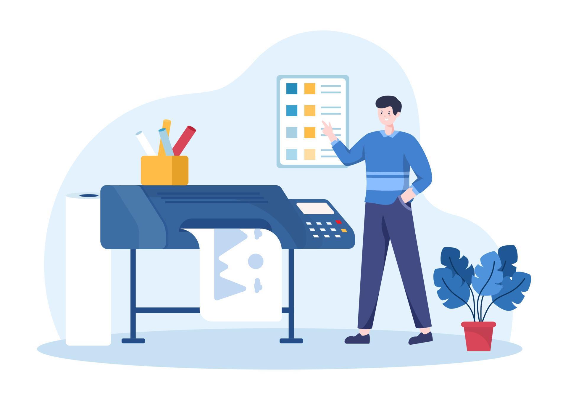 Print Shop Illustration with Production Process at Printing House and