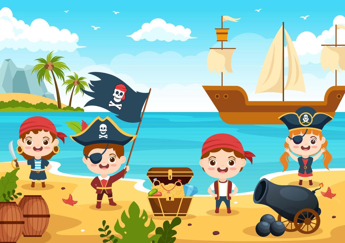 Cute Pirate Cartoon Character Illustration with Wooden Wheel, Chest, Vintage Caribbean, Pirates and Jolly Roger on Ship on Sea or Island vector