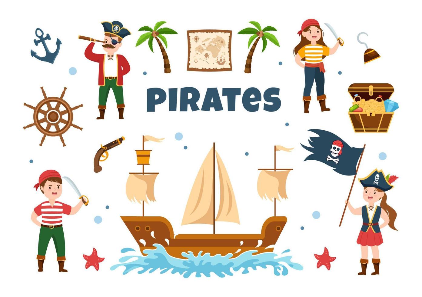 ilustración de personaje de caricatura pirata con mapa del tesoro, rueda de madera, cofres, loro, pirata, barco, bandera y jolly roger en estilo de icono plano vector