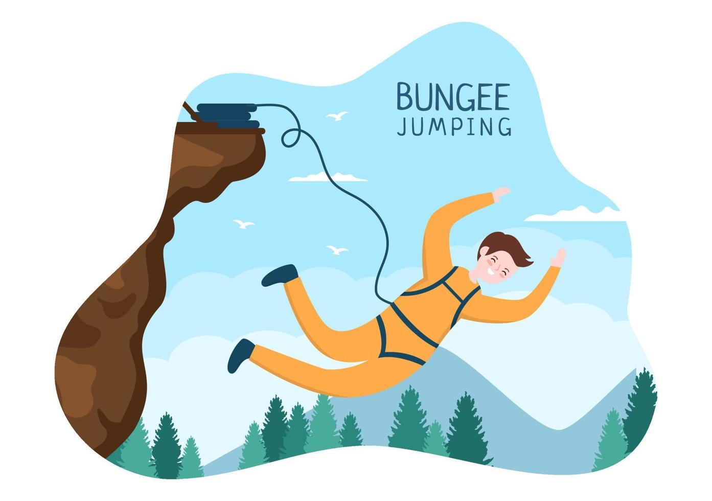 Bungee Jumping of People Tied with Elastic Rope Falling Down After Jump From a Height in Flat Cartoon Extreme Sport Vector Illustration