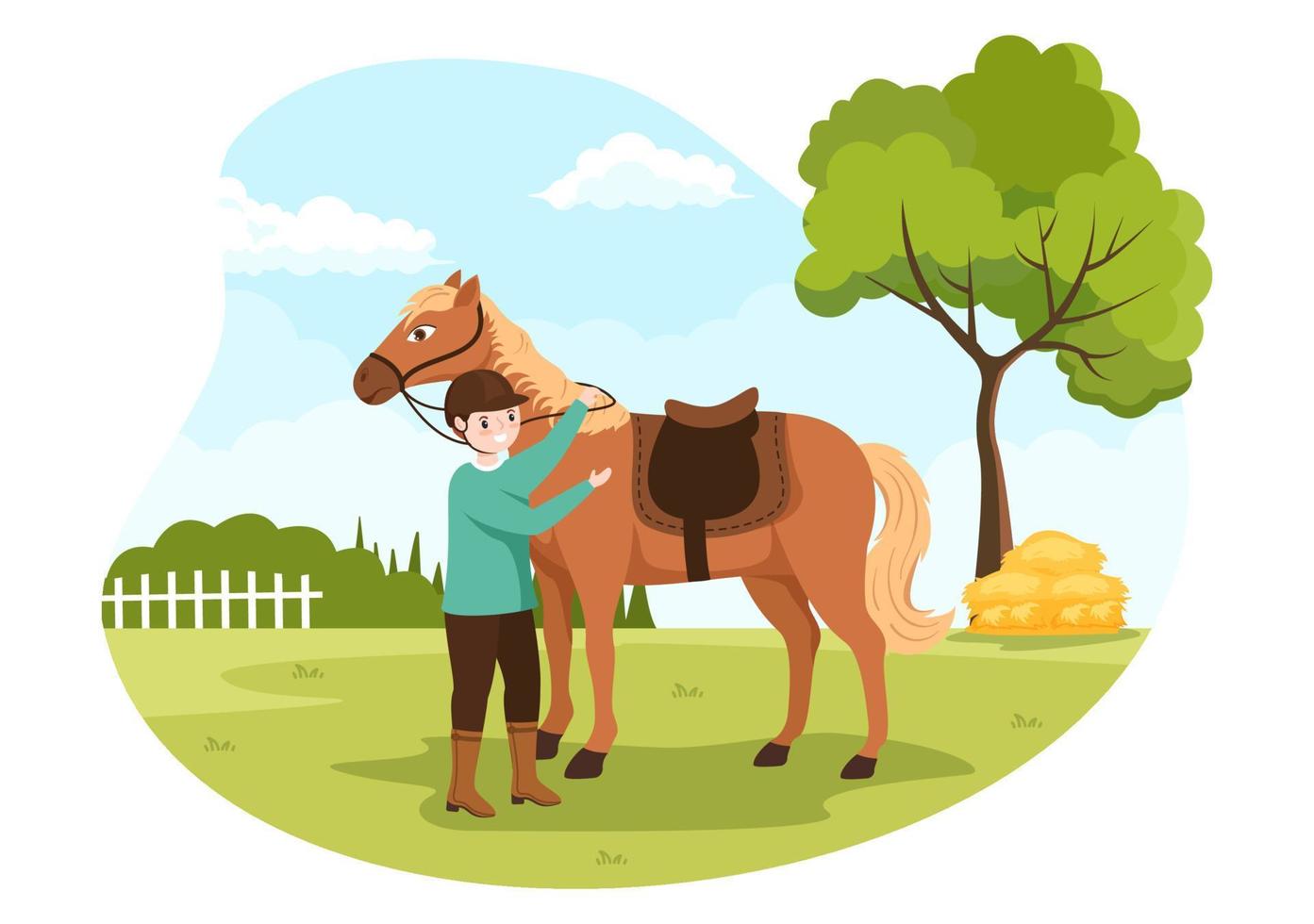 ilustración de dibujos animados de equitación con un personaje de gente linda practicando paseos a caballo o deportes ecuestres en el campo verde vector