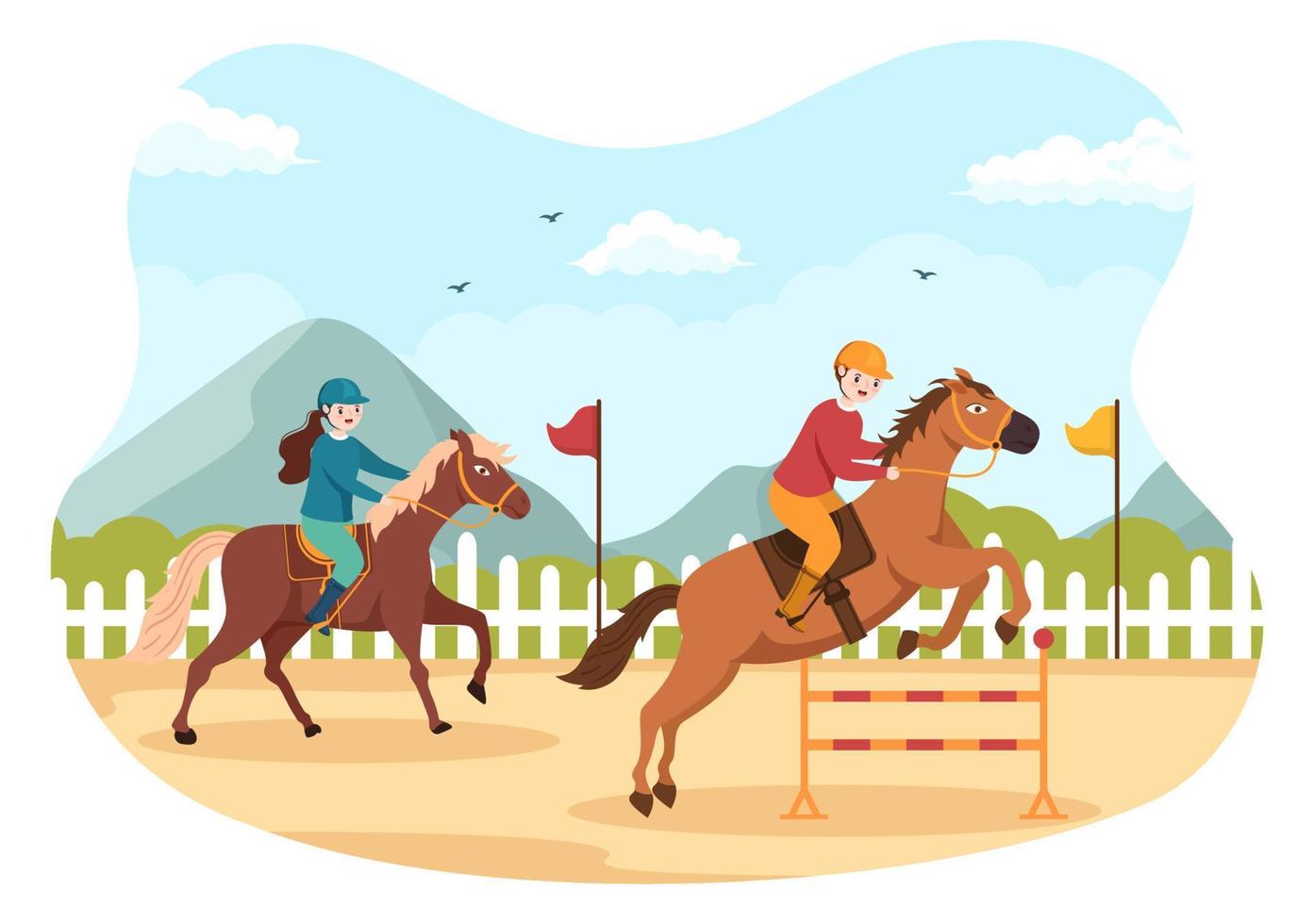 ilustración de dibujos animados de carreras de caballos con personajes que hacen campeonatos deportivos de competición o deportes ecuestres en el hipódromo vector