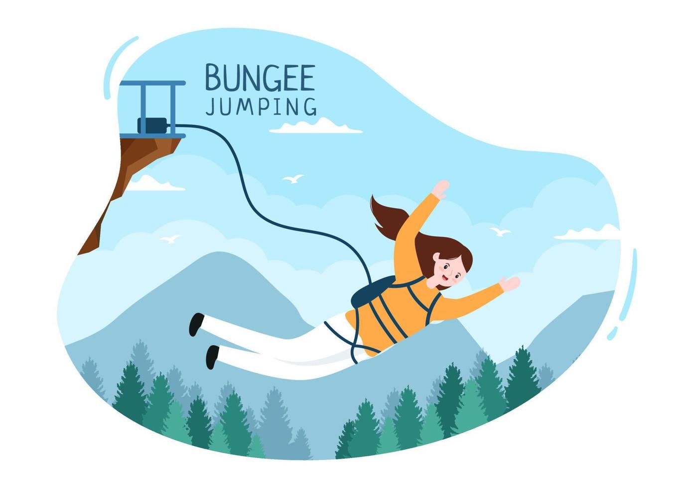 Bungee Jumping of People Tied with Elastic Rope Falling Down After Jump From a Height in Flat Cartoon Extreme Sport Vector Illustration