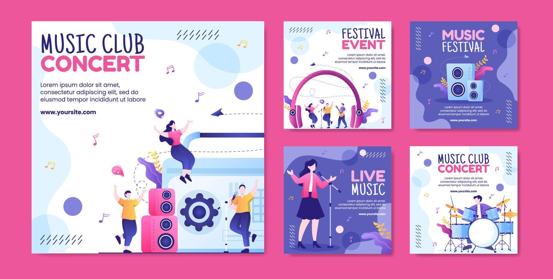 Music Festival Social Media Post Template Flat Cartoon Background Vector Illustration