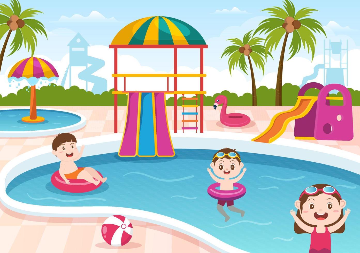 parque acuático con piscina, diversión, tobogán, palmeras y los niños nadan para divertirse y jugar al aire libre en dibujos animados planos vector