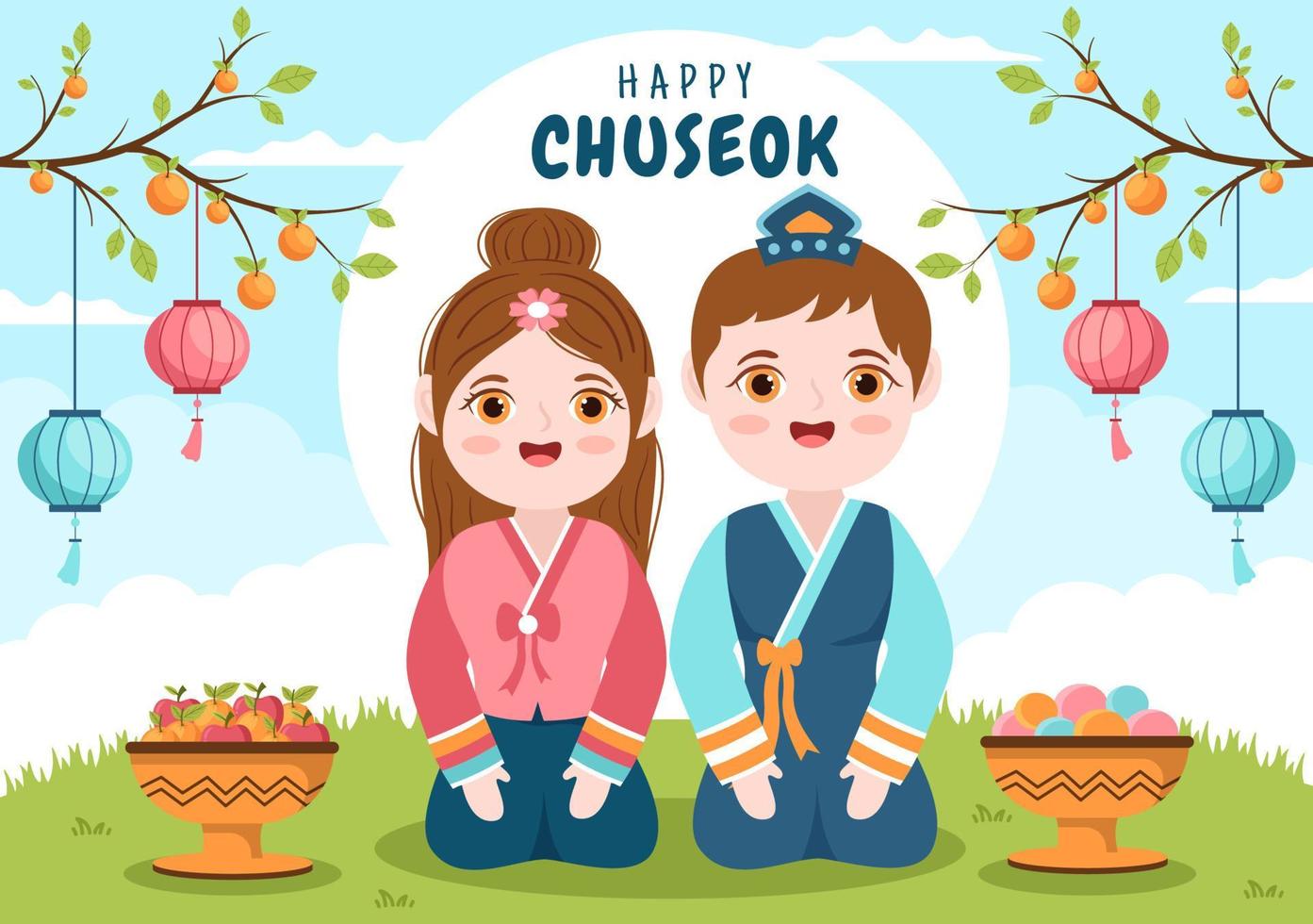 feliz día de chuseok en corea por acción de gracias con personas en hanbok tradicional, luna llena y paisaje de cielo en ilustración de caricatura plana vector