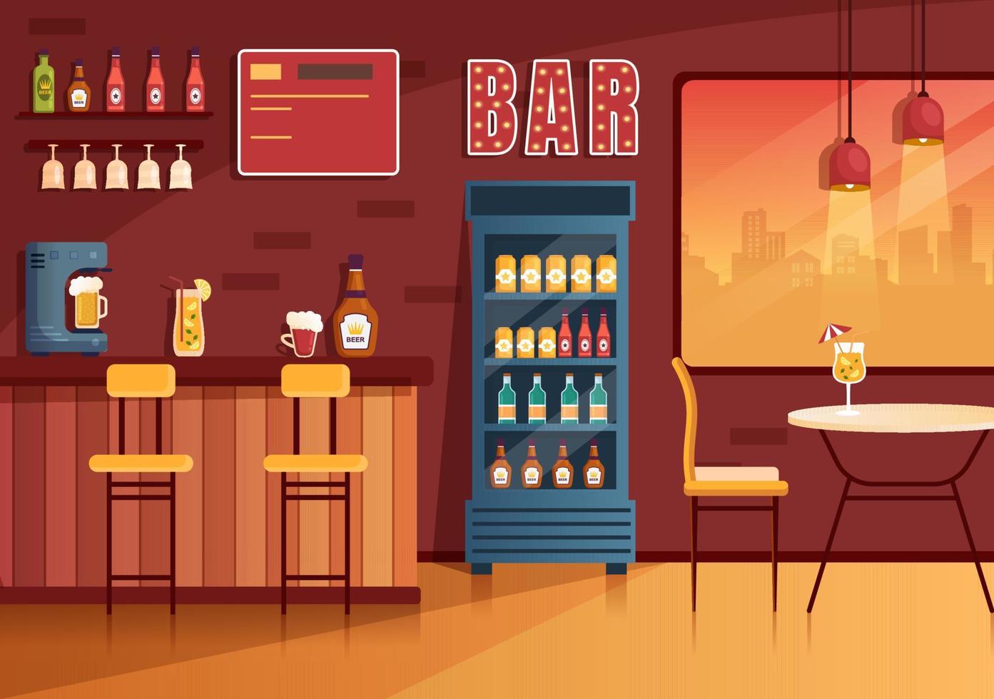 bar o pub por la noche con botellas de bebidas alcohólicas, barman, mesa, interior y sillas en una habitación interior con ilustraciones planas de dibujos animados vector