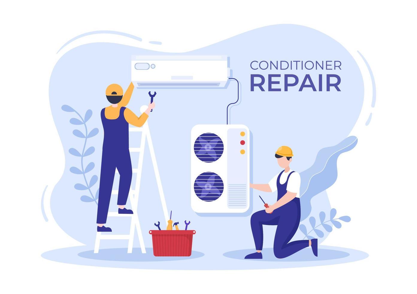 ilustración de instalación o reparación de aire acondicionado con avería de la unidad, servicio de mantenimiento, sistema de refrigeración en concepto de dibujos animados de estilo plano vector