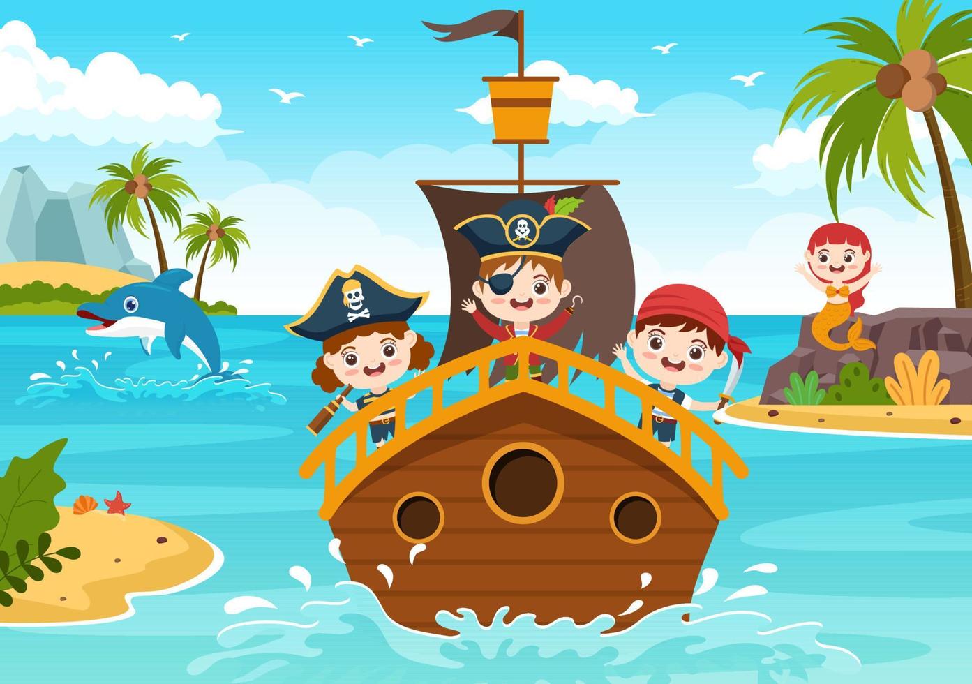 Cute Pirate Cartoon Character Illustration with Wooden Wheel, Chest