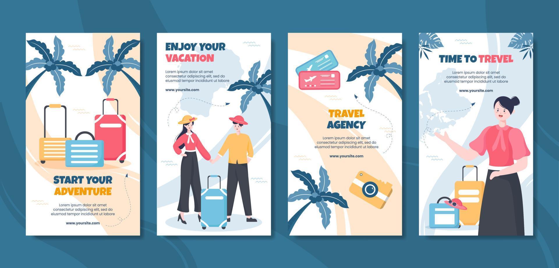 Travel Agency Social Media Stories Template Flat Cartoon Background Vector Illustration