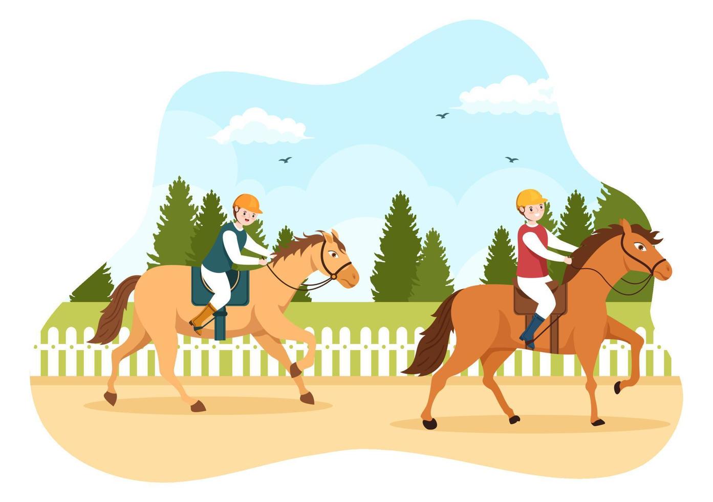 ilustración de dibujos animados de carreras de caballos con personajes que hacen campeonatos deportivos de competición o deportes ecuestres en el hipódromo vector