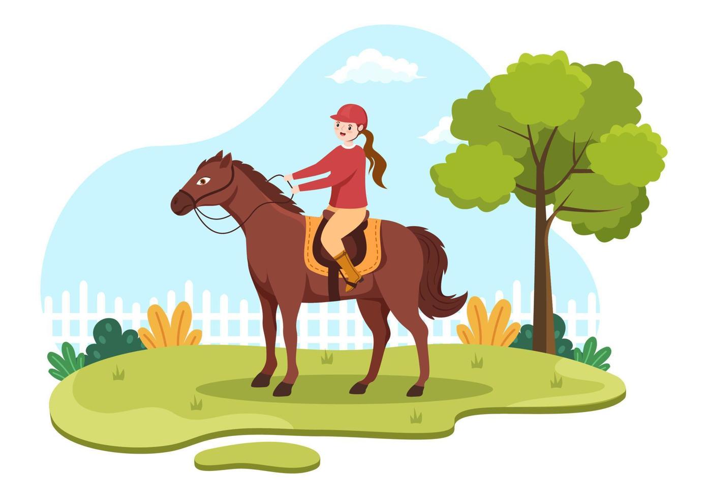 ilustración de dibujos animados de equitación con un personaje de gente linda practicando paseos a caballo o deportes ecuestres en el campo verde vector