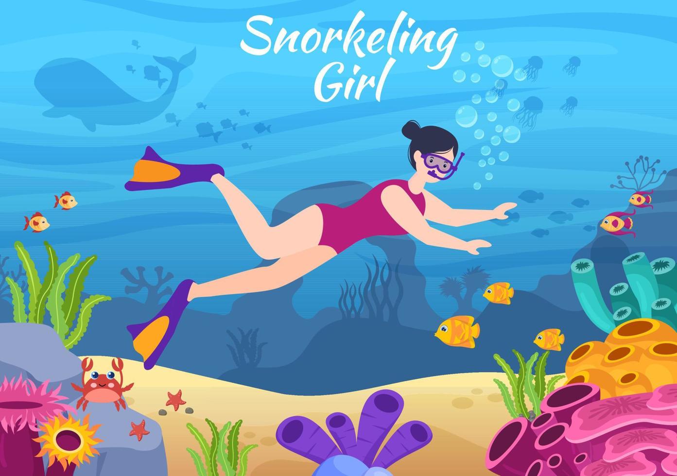 chica buceadora con natación submarina explorando el mar, arrecifes de coral o peces en el océano en ilustraciones planas de vectores de dibujos animados