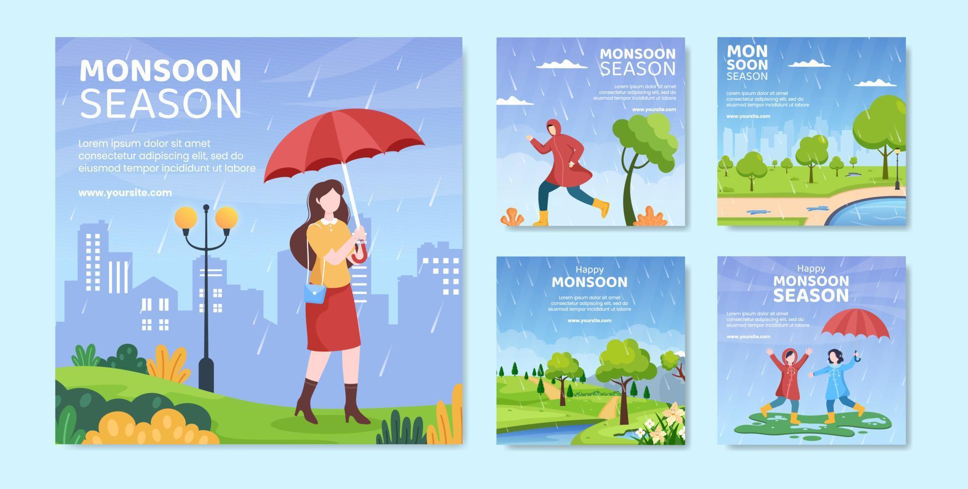 Monsoon Season Social Media Post Template Flat Cartoon Background Vector Illustration