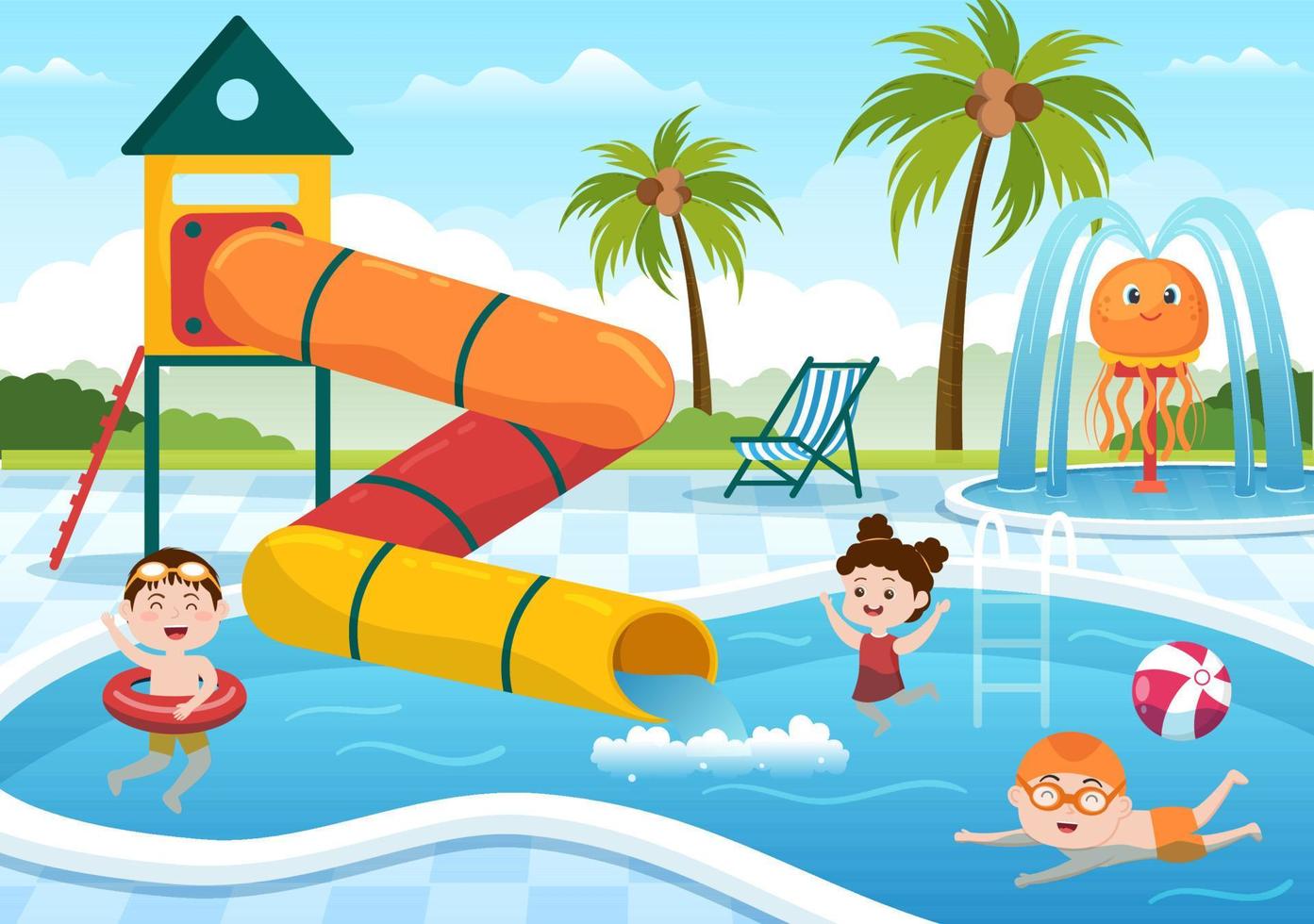 parque acuático con piscina, diversión, tobogán, palmeras y los niños nadan para divertirse y jugar al aire libre en dibujos animados planos vector