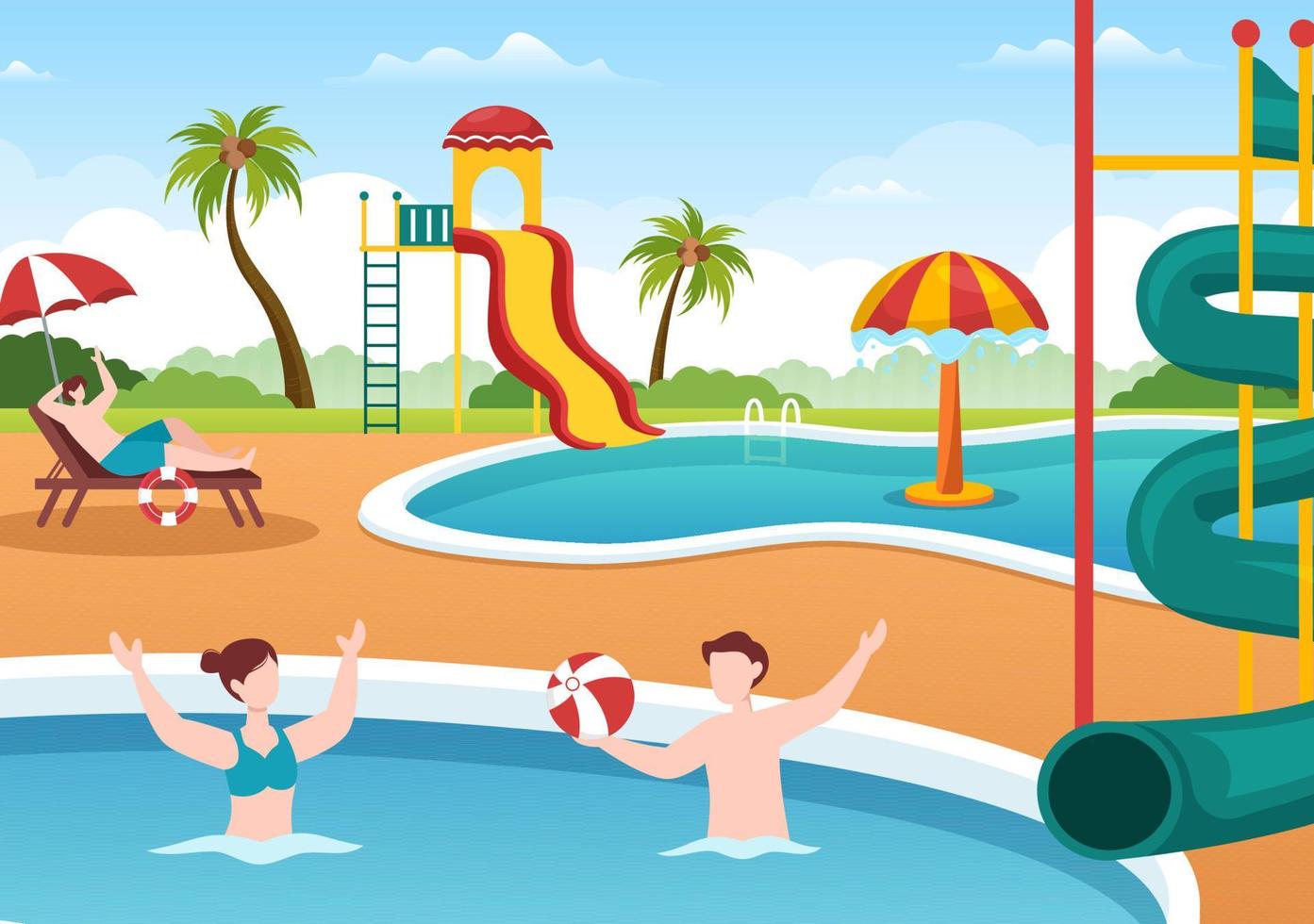 parque acuático con piscina, diversión, tobogán, palmeras y la gente nada para divertirse y jugar al aire libre en dibujos animados planos vector