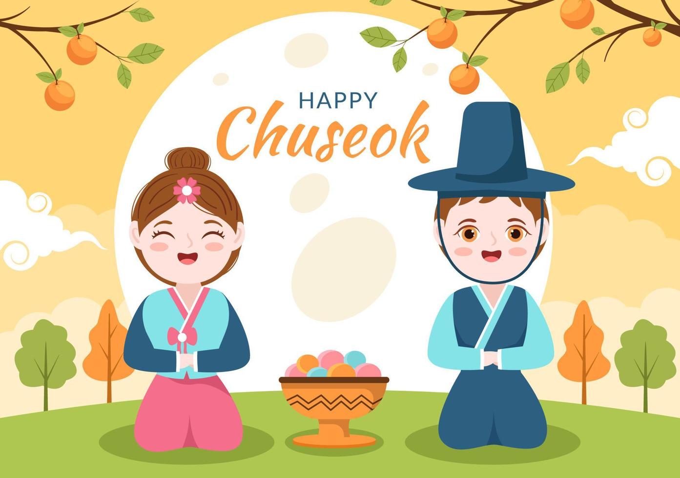 Happy Chuseok Day in Korea for Thanksgiving with People in Traditional Hanbok, Full Moon and Sky Landscape in Flat Cartoon Illustration vector