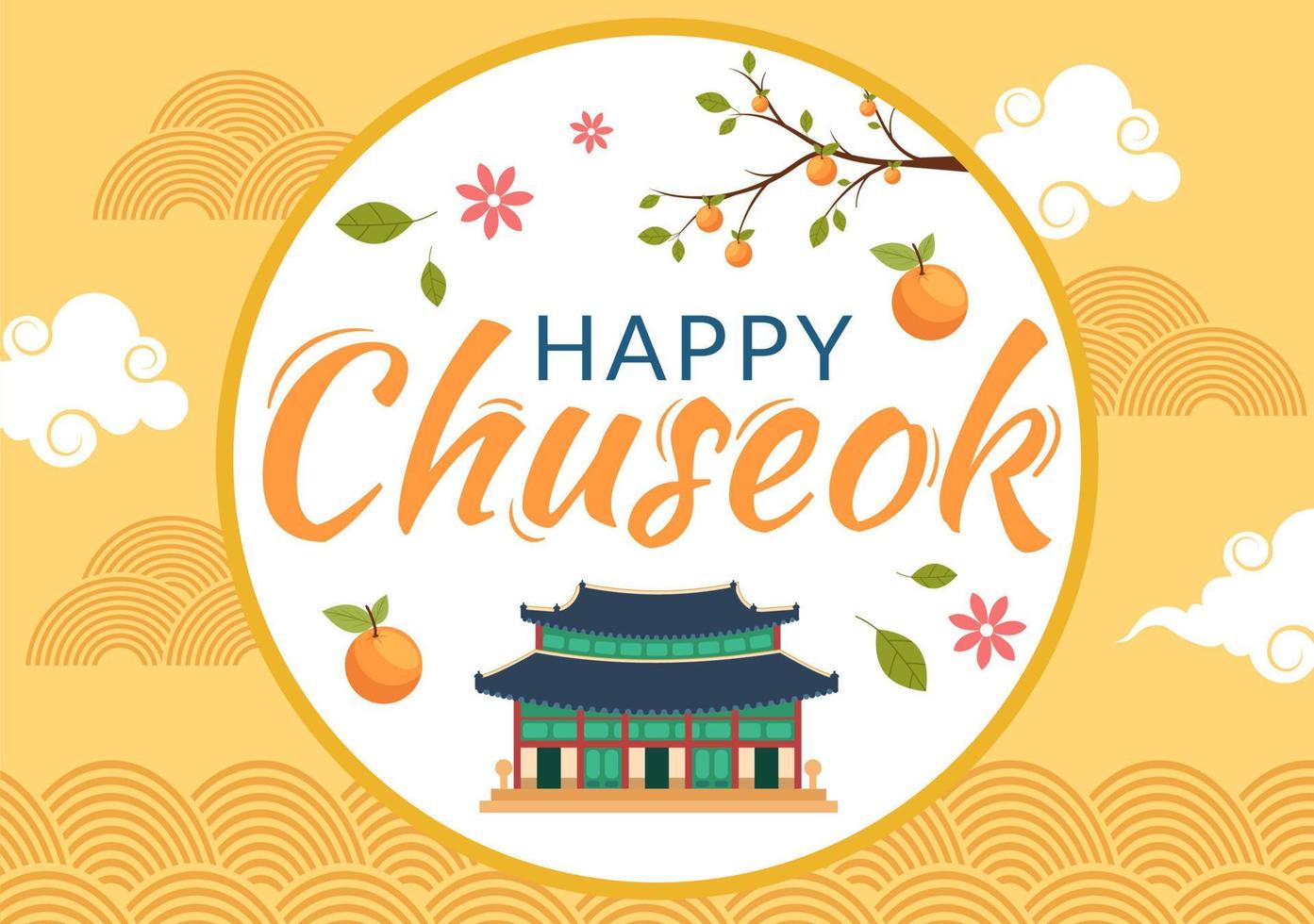 feliz día de chuseok en corea por acción de gracias con texto de caligrafía, luna llena y paisaje del cielo en ilustración de dibujos animados plana vector