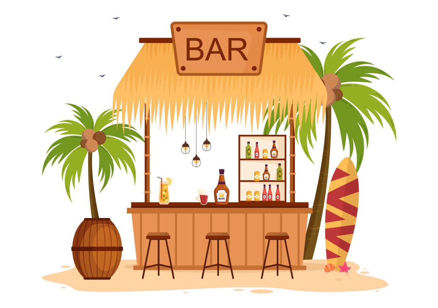 bar tropical o pub en la playa con botellas de bebidas alcohólicas, barman, mesa, interior y sillas junto al mar en una caricatura plana vector