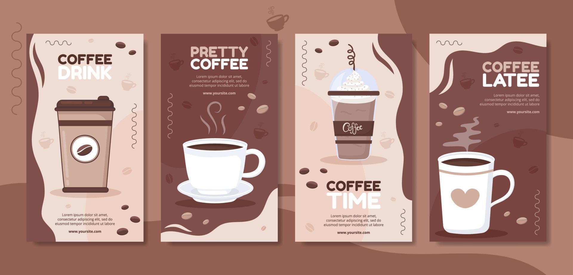 Coffee Cup Social Media Stories Template Flat Cartoon Background Vector Illustration